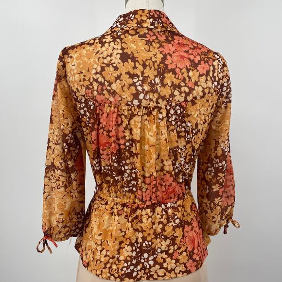 Vintage 70s Floral Print Dress Layered Peplum Bodice Fit & Flare Blouson XS - Picture 8 of 10